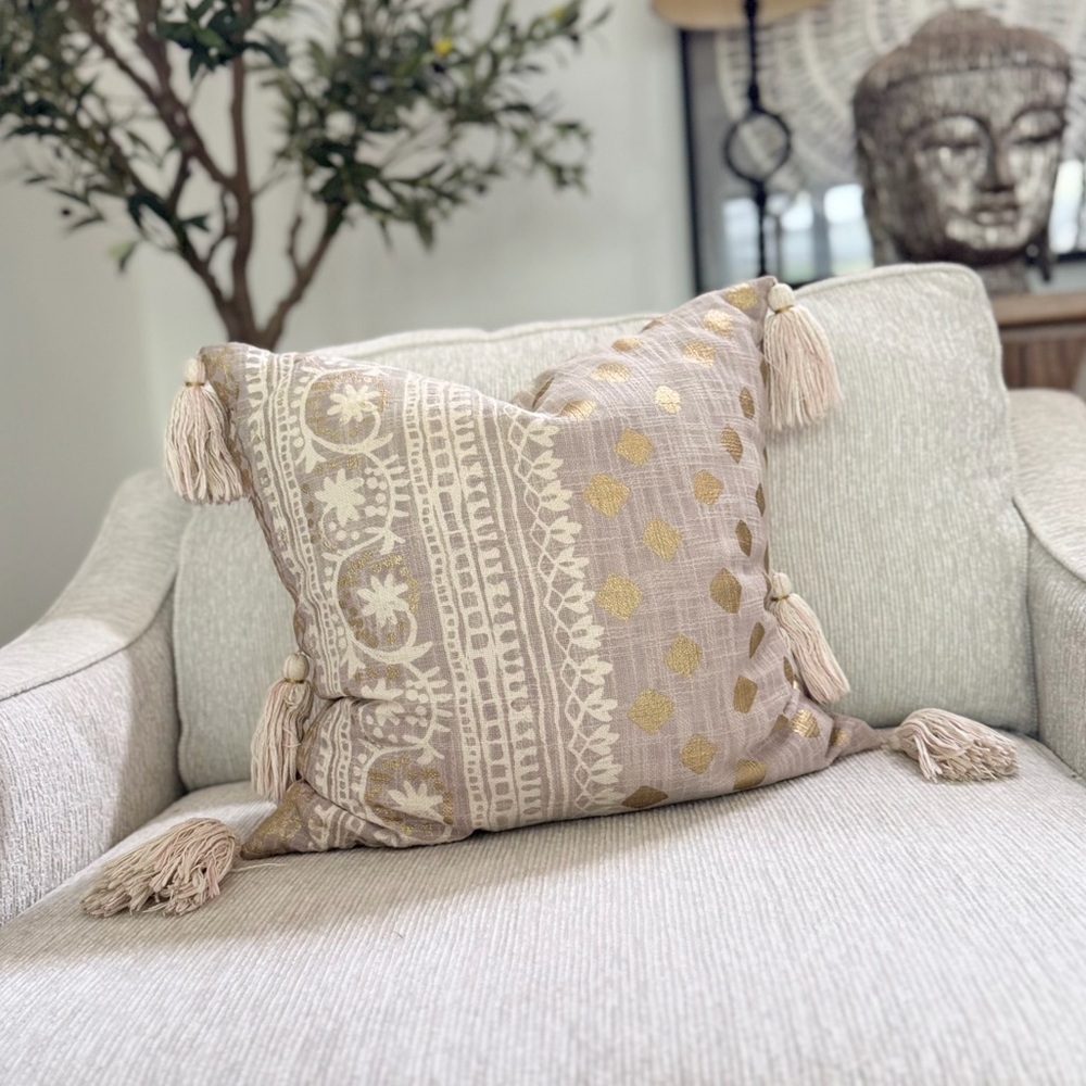 Anthropologie Constance Neutral Tassel Decorative Throw Pillow with Gold Accents
